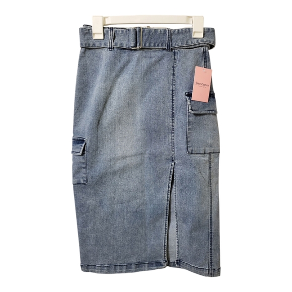 Juicy Couture Denim Pencil Skirt With Slit And Belt. Size 27 New Lightwash - Picture 1 of 6